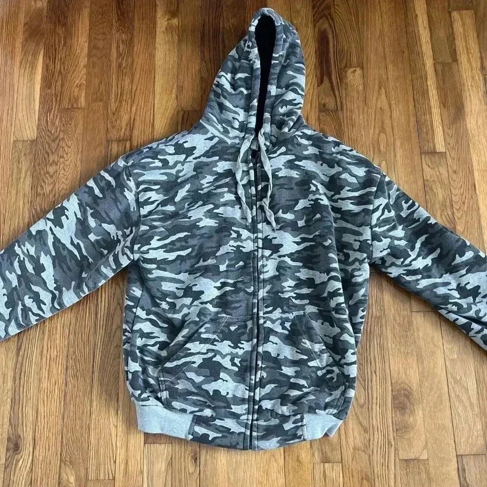 BIG BALL SPORTS Men's Green Sherpa Lined Camo Full Zipper Hooded Jacket Size L